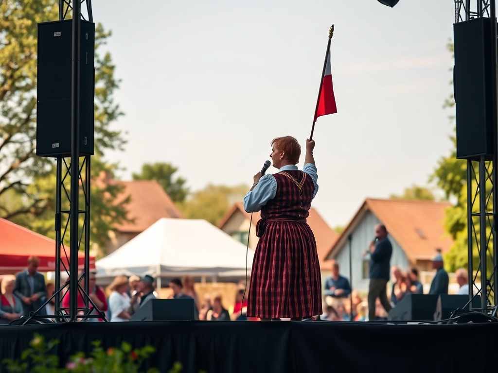 Flaga Polski powiewająca na maszcie na tle błękitnego nieba podczas obchodów Święta 3 Maja w Wojkowicach.